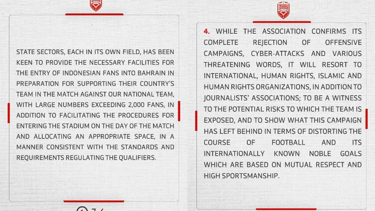 Pernyataan Bahrain jelang leg ke-2 lawan Indonesia, mereka memohon dukungan dari pihak-pihak terkait demi menghormati sportivitas tinggi olahraga.