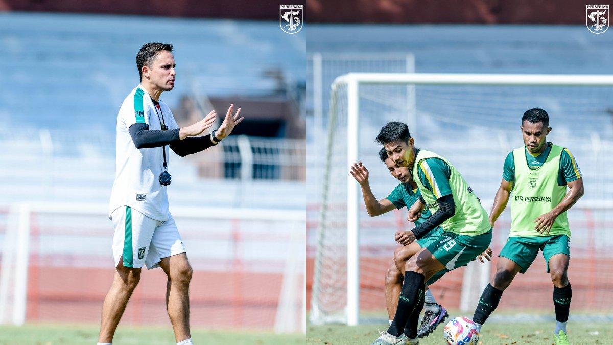 Paul Munster saat memberikan instruksi (kiri) dan potret sesi latihan bersama Persebaya Surabaya (kanan).