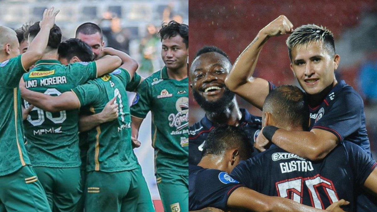 Skuad Persebaya Surabaya (kiri) dan Arema FC (kanan).