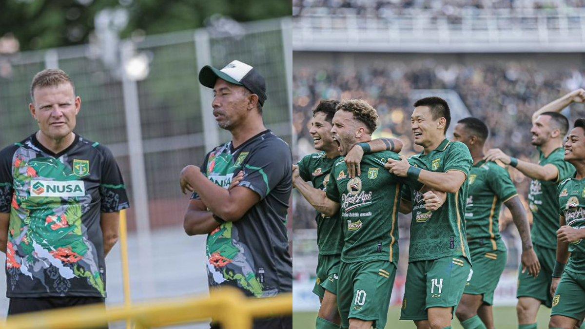 Josep Gambau Balague dan Uston Nawawi (kiri) dan skuad Persebaya Surabaya (kanan).
