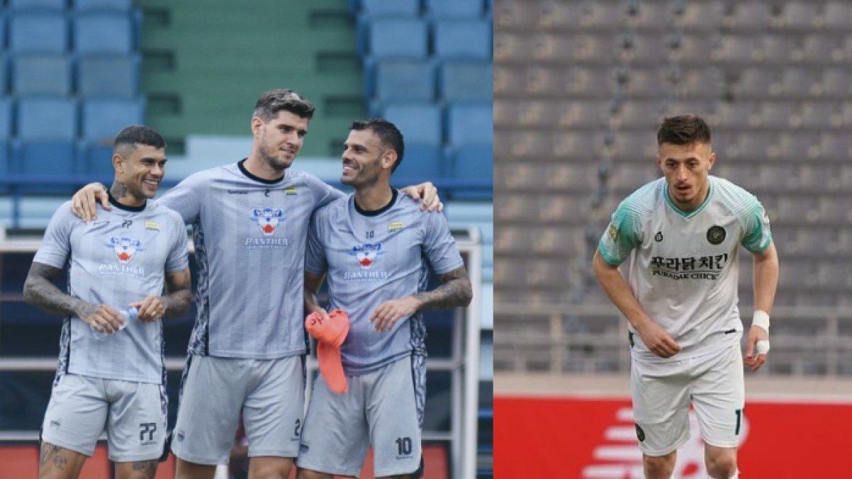 Para pemain Persib Bandung di sesi latihan (kiri) dan pesepakbola asal Kosovo, Leonard Pllana (kanan).