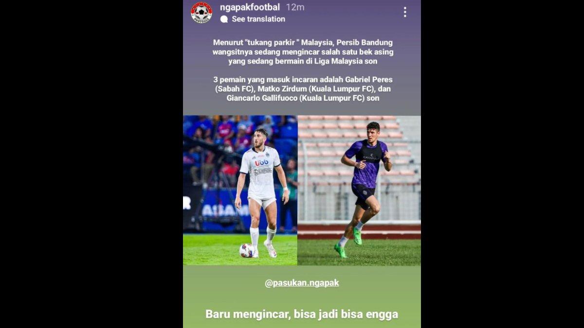 Rumor Persib Bandung melirik tiga bek asal Liga Malaysia, yakni Gabriel Peres, Matko Zirdum, dan Giancarlo Gallifuoco.