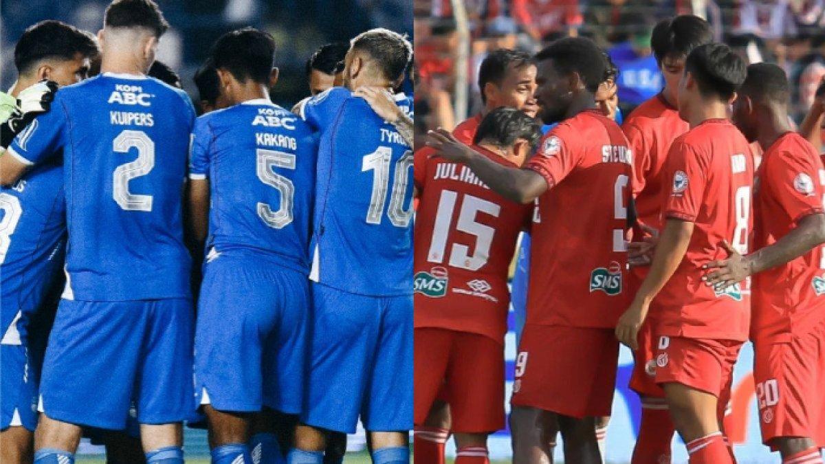Kolase foto skuad Persib Bandung (kiri) dan Semen Padang (kanan) di gelaran Liga 1 2024.