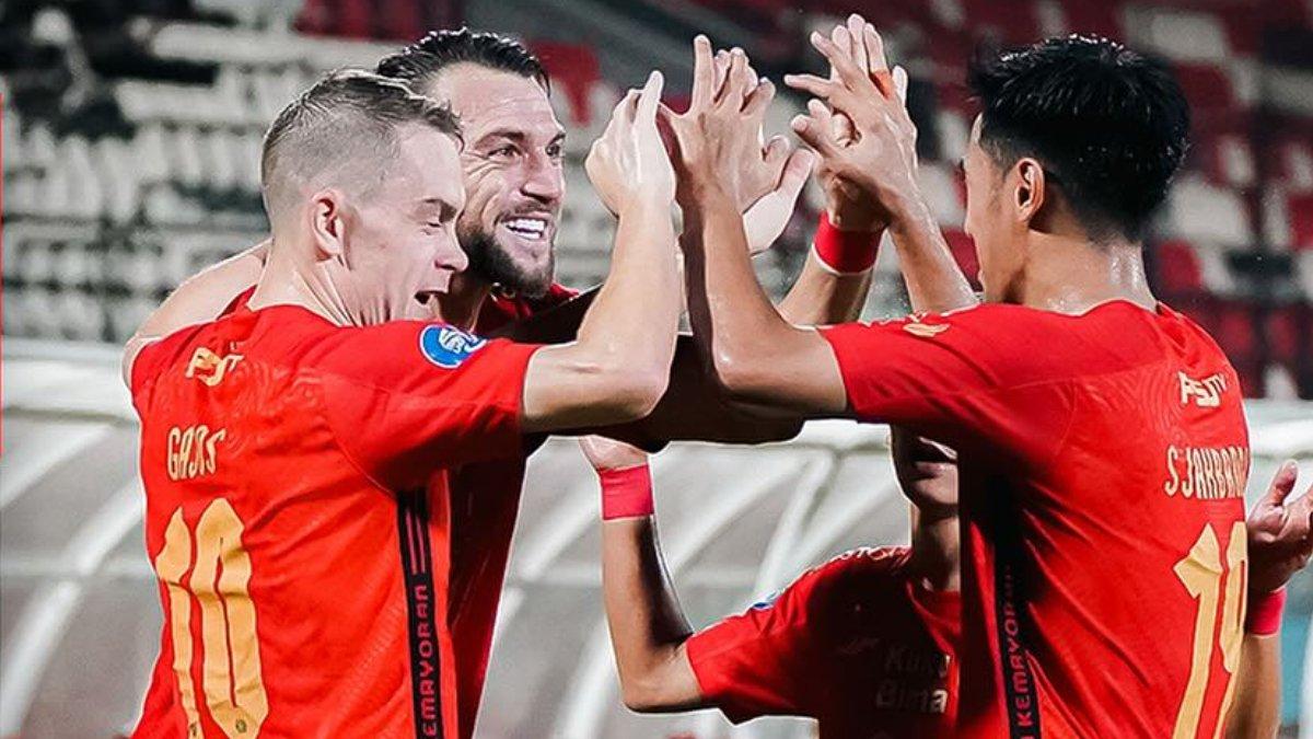 Selebrasi gol Persija Jakarta ke gawang Persik Kediri di Stadion I Wayan Dipta, Gianyar, Bali, Sabtu (17/3/2024)