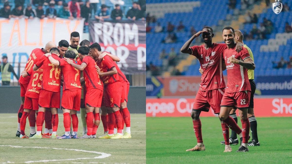 Skuad Persija Jakarta saat hendak melakukan kick off (kiri) dan selebrasi gol para penggawa PSM Makassar di ACL 2 kontra Shan United (kanan).