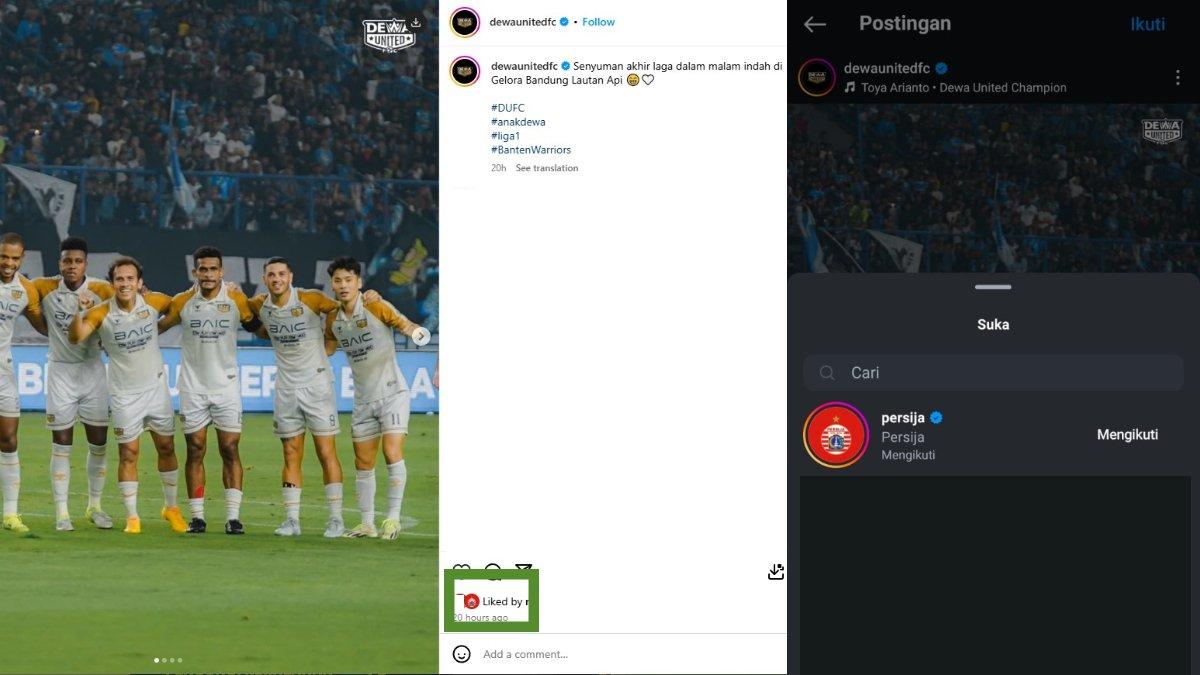 Persija Jakarta kepergok memberi like di postingan Instagram Dewa United setelah Alexis Messidoro cs libas Persib Bandung di pekan ke-19 Liga 1 2024/2025.