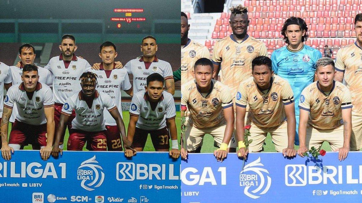 Kolase foto skuad Persis Solo (kiri) dan Arema FC (kanan) di gelaran Liga 1 2023.