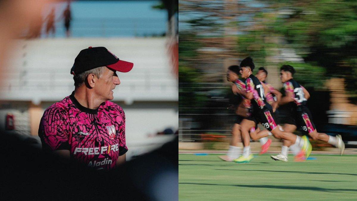 Kolase foto pelatih Persis Solo, Milomir Seslija (kiri) dan anak asuhnya (kanan) yang tengah berlatih jelang gelaran Liga 1 2024.