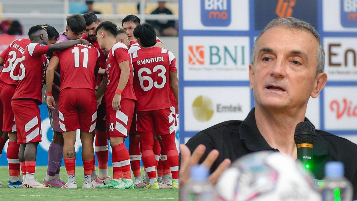 Skuad Persis Solo saat melakukan sesi foto bersama jelang kontra Persik Kediri (kiri) dan Milomir Seslija (kanan).