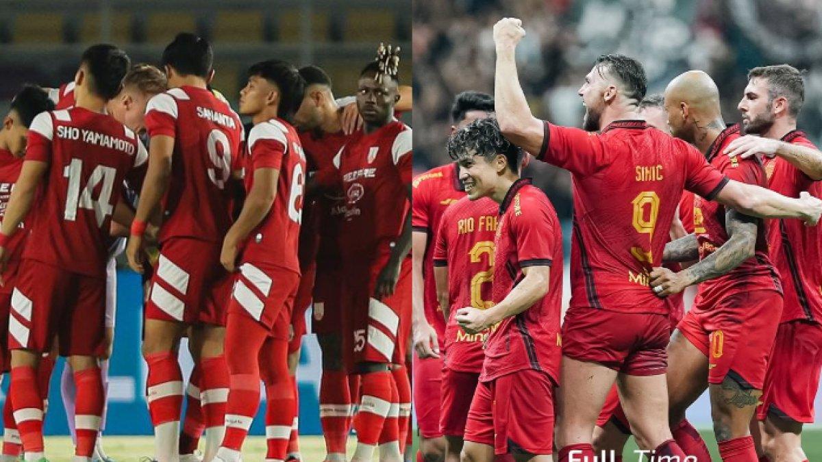 Skuad Persis Solo saat lakukan briefing bersama jelang laga (kiri) dan Persija Jakarta saat selebrasi gol (kanan).