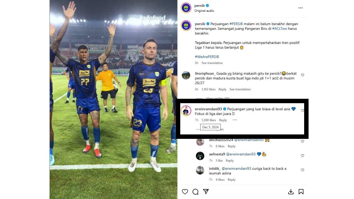 Pesan cinta Erwin Ramdani setelah Persib Bandung kalah dari Zhejiang dan tersingkir dari ACL Two 2024/2025.