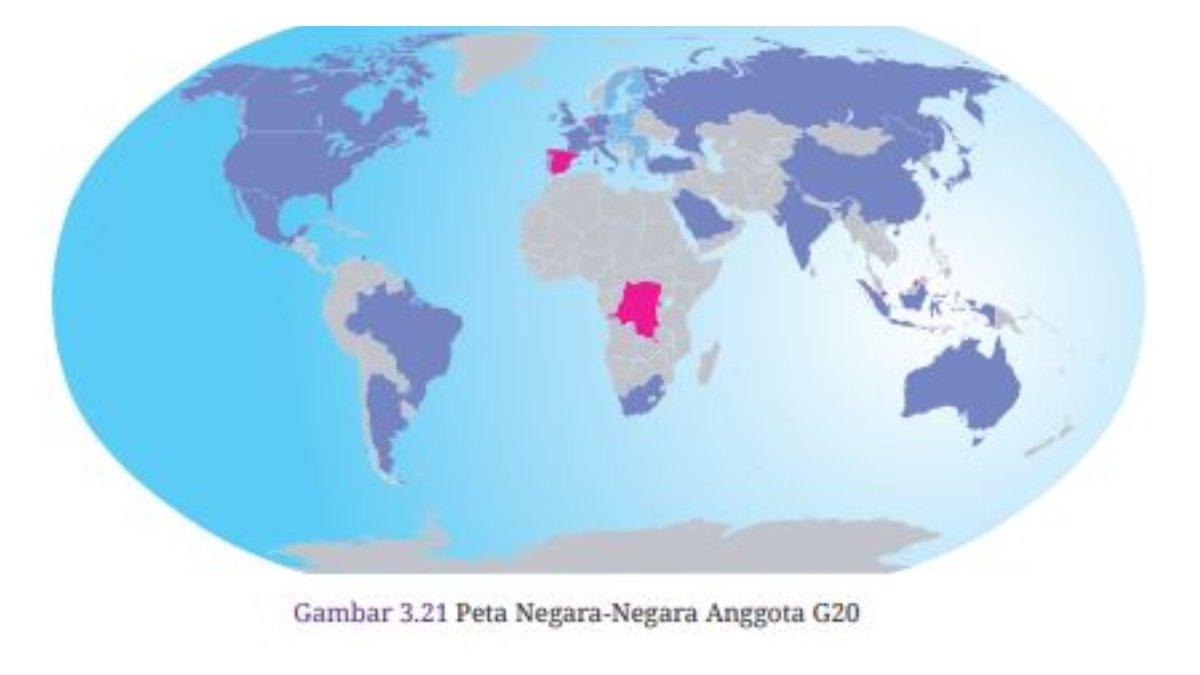 Gambar peta untuk soal no. 6 pada Asesmen Bab 3 Buku Geografi untuk SMA Kelas 12 Kurikulum Merdeka. Peta Negara-Negara Anggota G20.