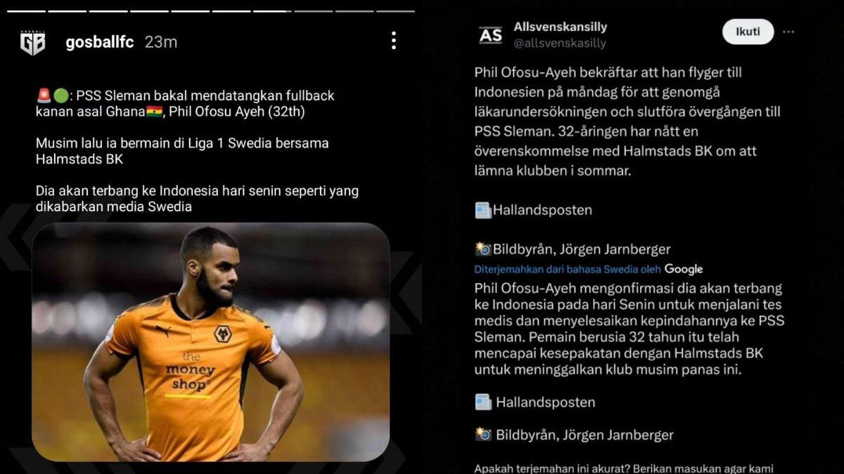 Kolase foto rumor Phil Ofosu-Ayeh yang bakal menjadi pemain asing baru PSS Sleman di Liga 1 2024 (kiri) dan dikonfirmasi oleh media Swedia, Allsvenkansilly (kanan). Phil Ofosu-Ayeh berpotensi jadi rekrutan keenam dari PSS Sleman di Liga 1 2024.