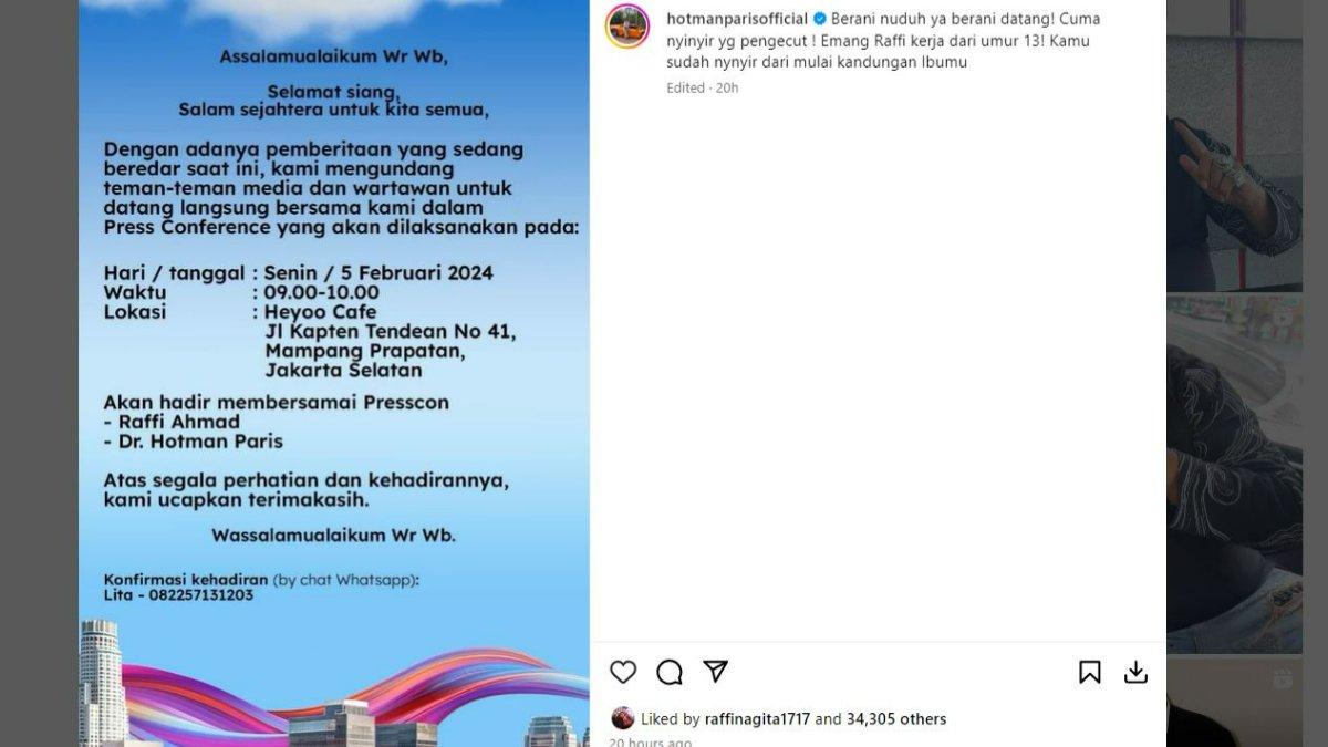 Postingan Hotman Paris terkait tuduhan NCW terhadap Raffi Ahmad, Jumat 2 Februari 2024.