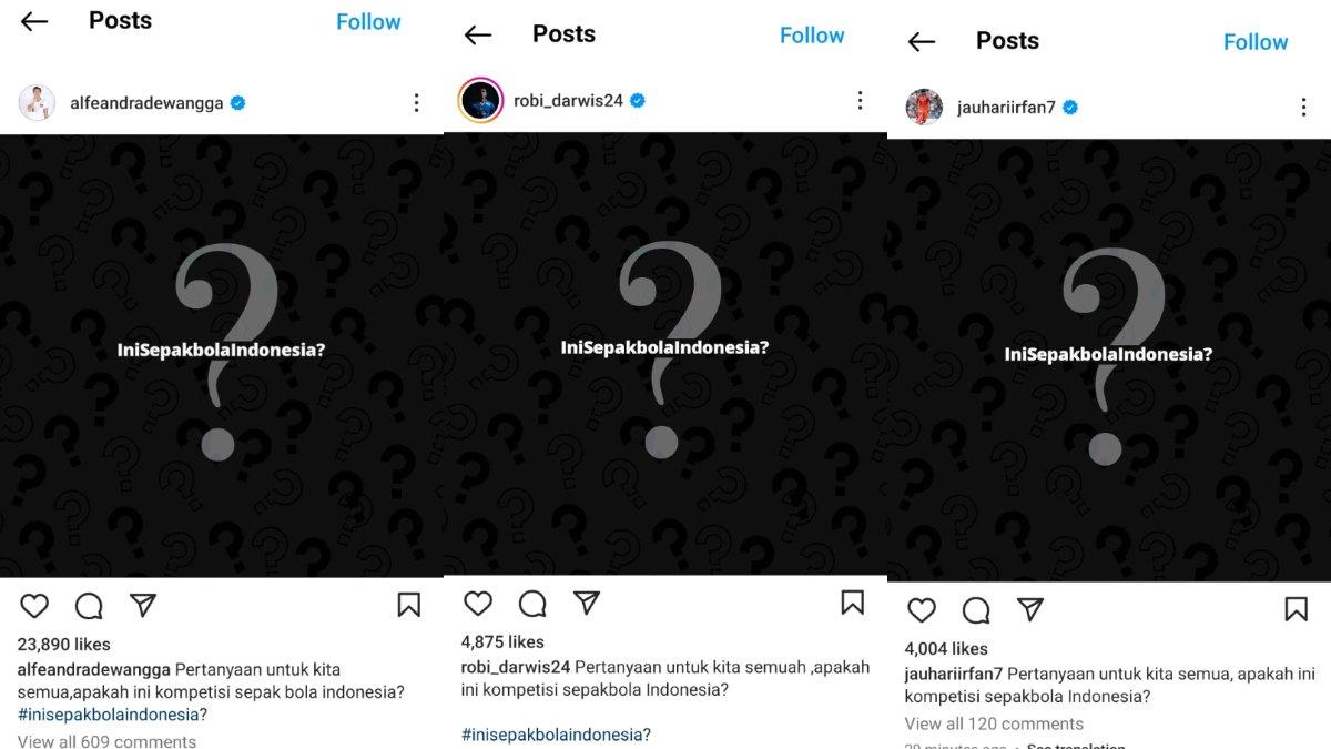 Kolase foto unggahan misterius dari beberapa pemain Liga 1 Indonesia jelang musim 2024/2025 yang tengah mempertanyakan kondisi sepak bola Indonesia, Jumat, 7 Juni 2024.
