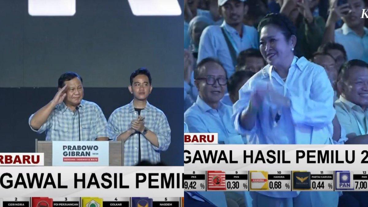 Kolase foto momen pasangan capres nomor urut 02, Prabowo Subianto-Gibran Rakabuming Raka yang menggelar pidato di Istora Senayan, Jakarta pada Rabu, 14 Februari 2024 (kiri), yang juga dihadiri oleh Titiek Soeharto (kanan).
