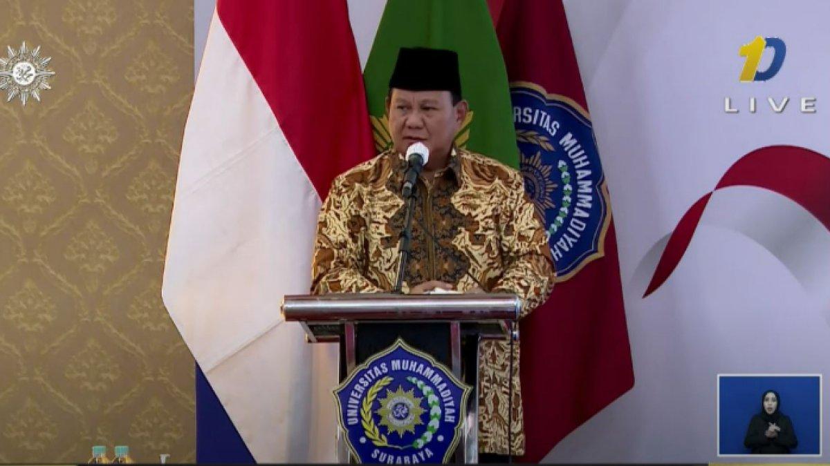 Calon presiden (capres) dari Koalisi Indonesia Maju (KIM), Prabowo Subianto dalam acara Dialog Publik Muhammadiyah di Universitas Muhammadiyah Surabaya (UMS), Jumat (24/11/2023).