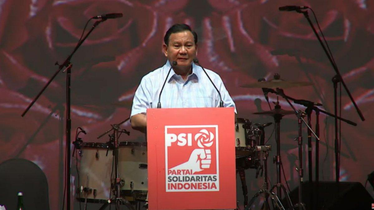 Ketua Umum Partai Gerindra sekaligus bakal calon presiden dari Koalisi Indonesia Maju (KIM), Prabowo Subianto dalam acara deklarasi dukungan Partai Solidaritas Indonesia (PSI) di Djakarta Theater, Selasa (24/10/2023).