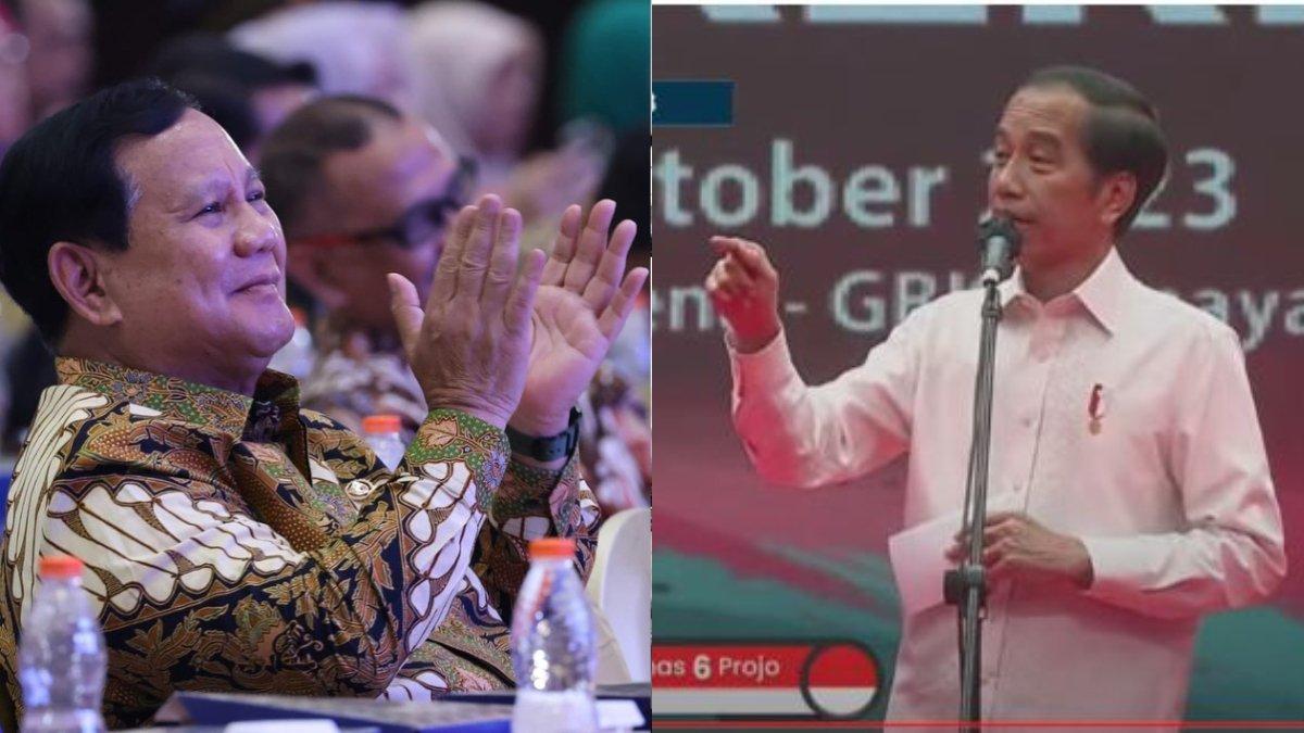 Bacapores Koalisi Indonesia Maju (KIM) Prabowo Subianto (kiri) dan momen Presiden Jokowi di momen Rakernas Projo (kanan).