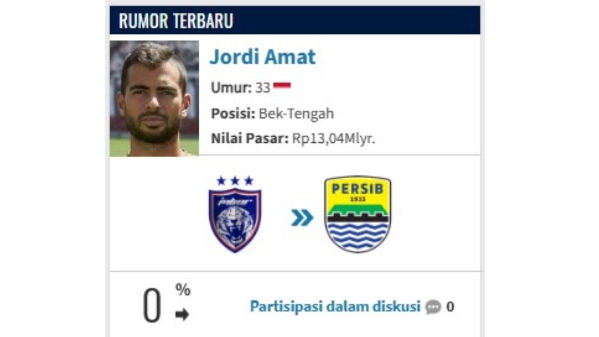 Presentase Jordi Amat gabung Persib Bandung adalah 0 persen.