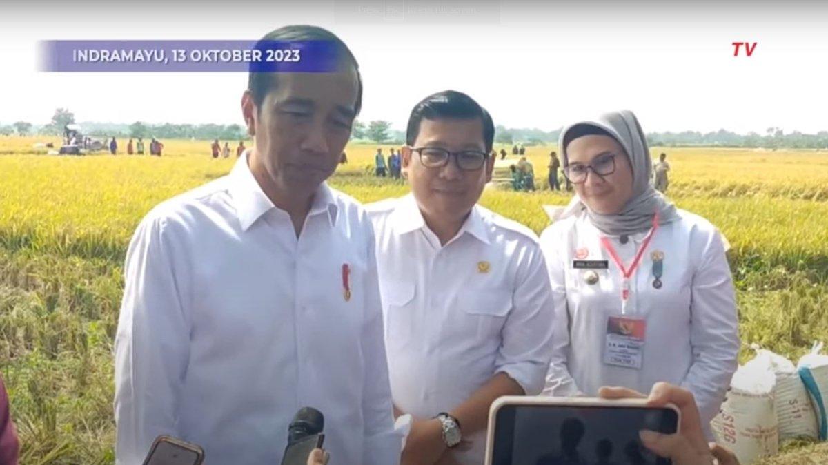 Sosok Presiden RI, Joko Widodo (Jokowi) saat mengikuti panen raya di Indramayu, Jumat 13 Oktober 2023.
