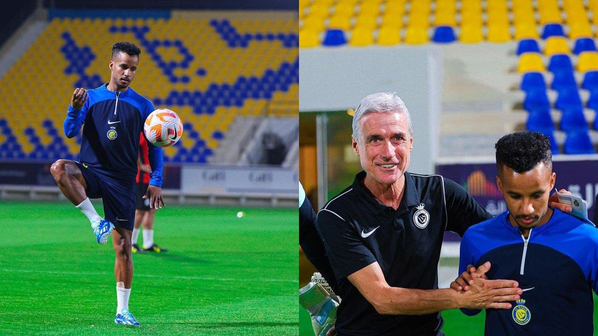 Abdulrahman Ghareeb saat melaksanakan latihan bersama Al Nassr (kiri) dan bersama pelatih Luiz Casto (kanan) untuk persiapan melawan Abha di KSU Football Field (5/10/2023).