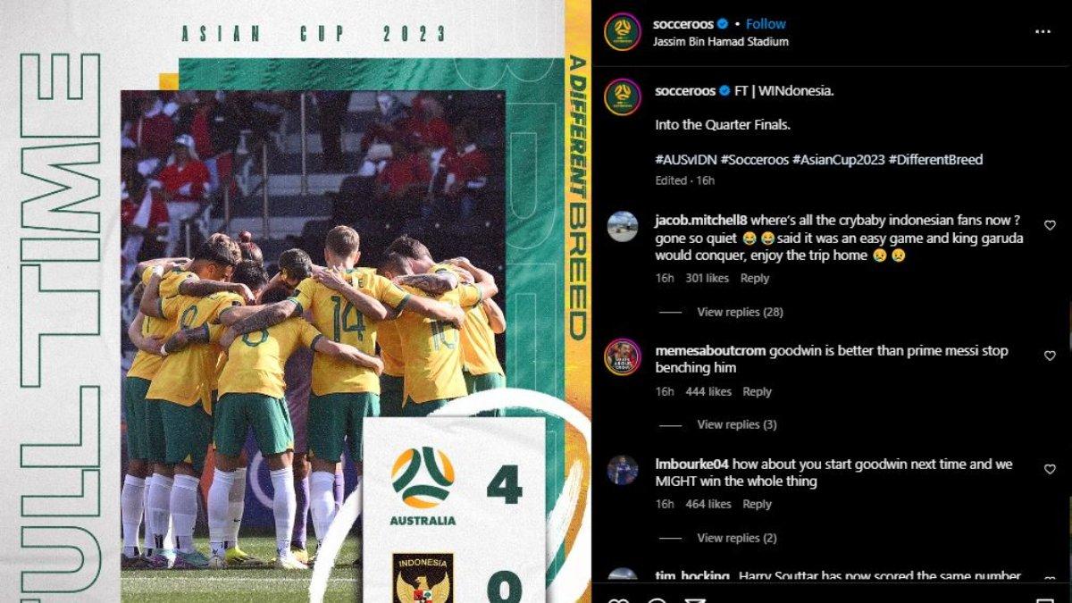 Unggahan berbau psywar Australia seusai mengalahkan Timnas Indonesia di babak 16 besar Piala Asia 2023, Minggu 28 Januari 2024.