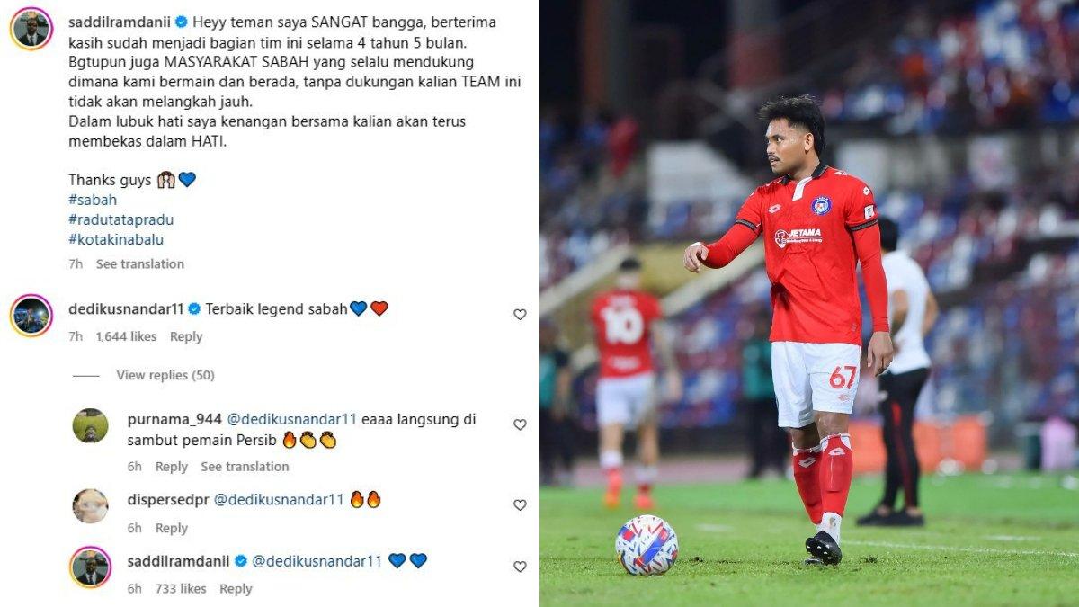 RUMOR TRANSFER - Kolase Postingan Saddil Ramdani saat pamitan dengan Sabah FC (kiri) dan foto Saddil Ramdani memakai jersey Sabah FC (kanan).