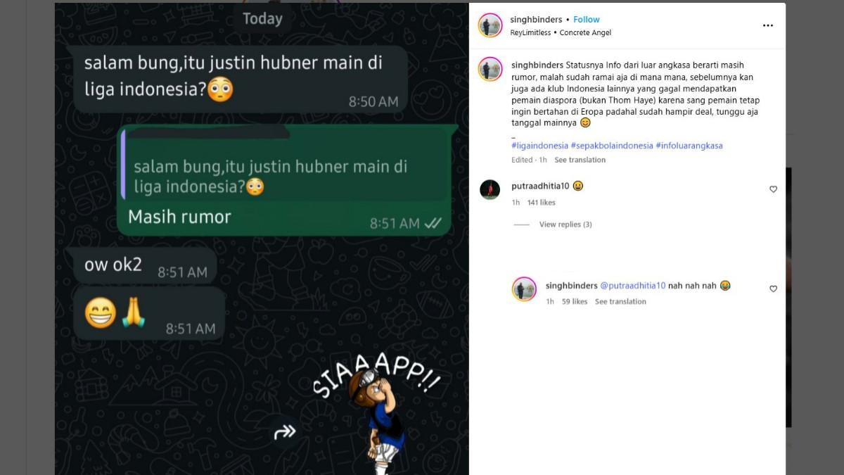 RUMOR TRANSFER PERSIB BANDUNG - Postingan pengamat sepak bola Bung Binder soal rumor Justin Hubner yang dikomentari bos Persib, Adhitia Herawan, Jumat (18/7/2025).