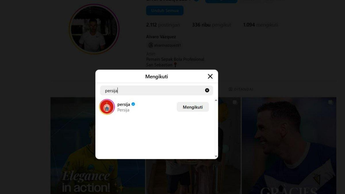 RUMOR TRANSFER PERSIJA - Tangkap layar Instagram Alvaro Vazquez, di mana sang pemain kepergok follow Persija Jakarta, Senin (14/7/2025).