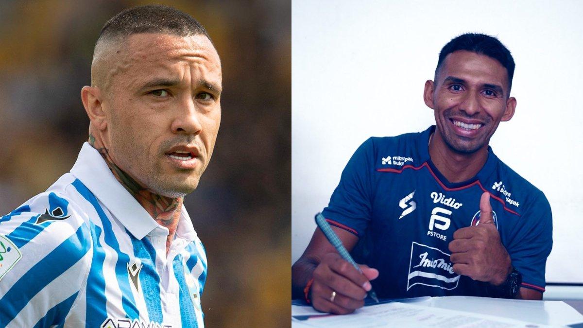 Kolase foto gelandang anyar Bhayangkara FC, Radja Nainggolan (kiri) dan rekrutan terbaru Arema FC, Gilbert Alvarez (kanan) di Liga 1 2023.