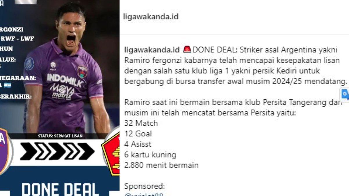 Rumor sosok striker Persita Tangerang asal Argentina, yakni Ramiro Fergonzi yang dilirik oleh Persik Kediri jelang berakhirnya Liga 1 2023, Rabu, 1 Mei 2024.