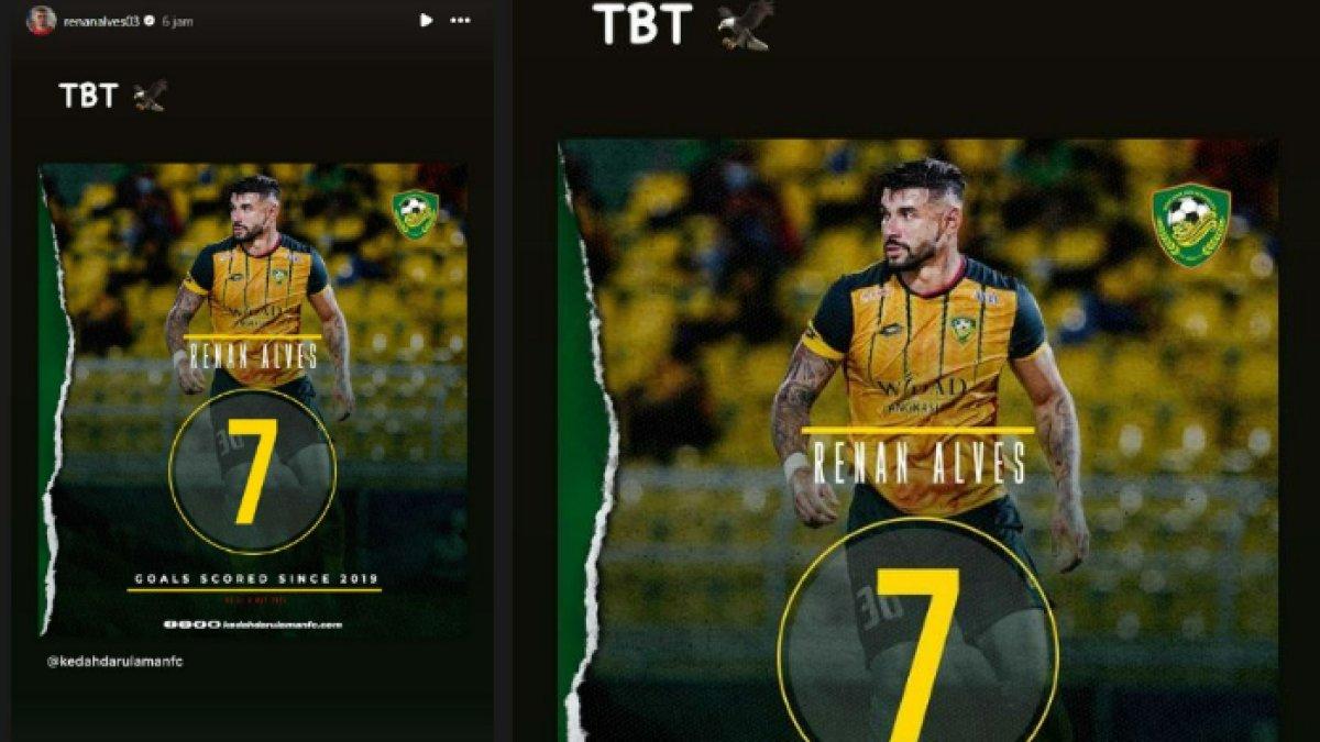 Bek asal Brasil, Renan Alves membagikan ulang kenangan bersama Kedah Darul Aman FC di story Instagramnya, Kamis (4/7/2024).