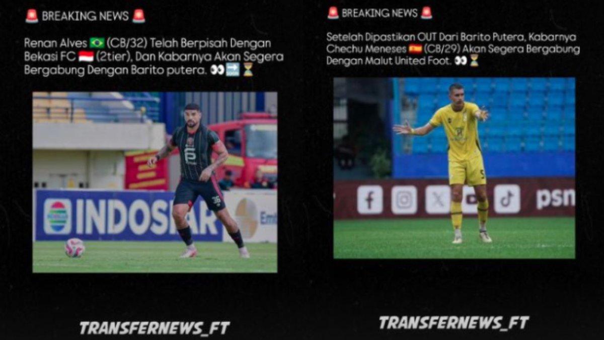 Rumor kembalinya Renan Alves ke Barito Putera (kiri), yang menyebabkan sosok Chechu Meneses out dari Laskar Antasari dan segera gabung ke Malut United (kanan) di putaran kedua Liga 1 2024.