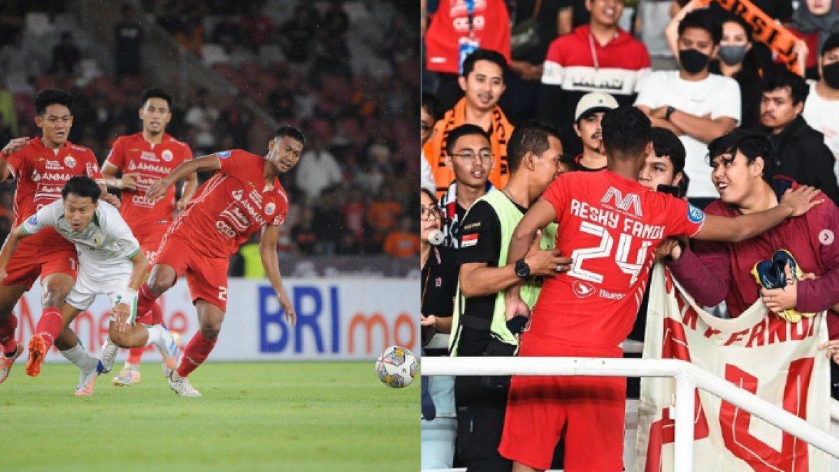 Gelandang bertahan Persija Jakarta Resky Fandi saat berlaga (kiri) dan selebrasi kemenangan (kanan).