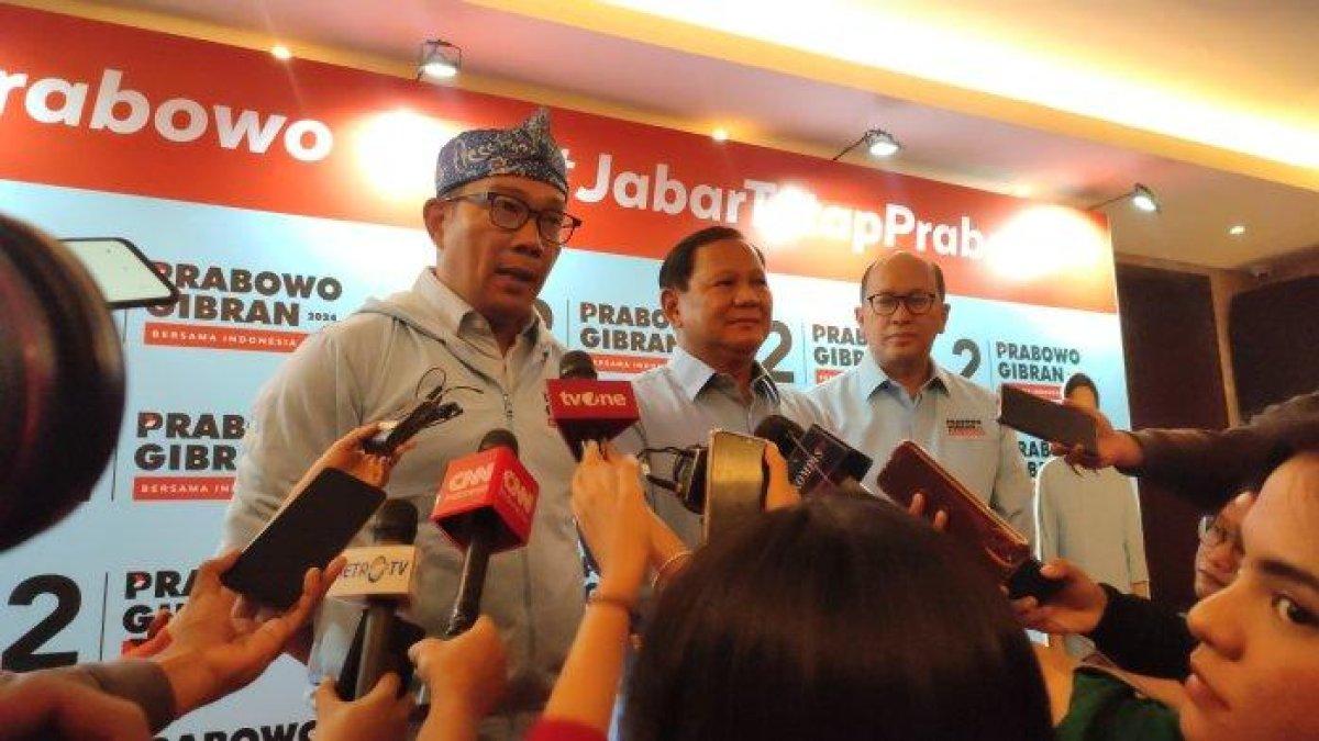 Ketua TKD Jabar, Ridwan Kamil, ketika berpidato tentang dasarnya membantu Prabowo di Pilpres 2024.