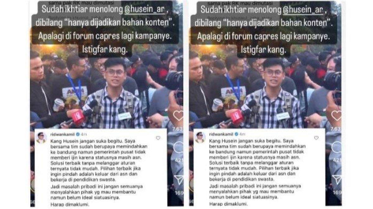 Tangkapan layar jawaban menohok Ridwan Kamil untuk Husein Alirafsanjani yang menyebut jadi bahan konten saat mengadukan jadi korban pungli CPNS di sebuah acara kampanye capres.