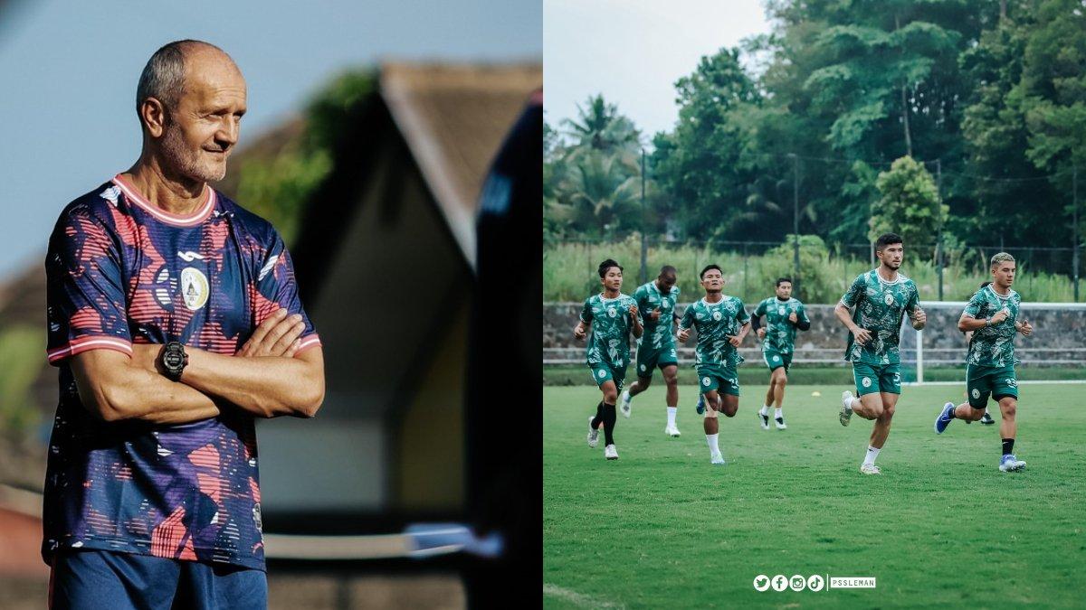 Pelatih anyar PSS Sleman Risto Vidakovic (kiri) dan skuad PSS Sleman saat sesi latihan (kanan).