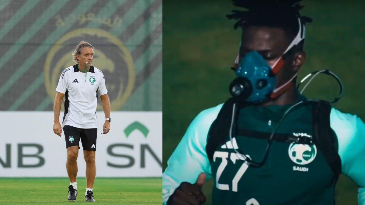 Kolase foto pelatih Arab Saudi, Roberto Mancini (kiri) dan sesi latihan The Green Falcons dengan alat pengukur kebugaran pemain yang modern (kanan).