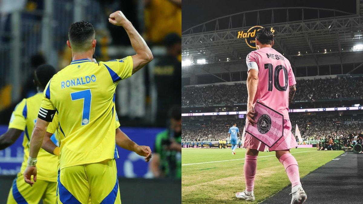 KOLASE CRISTIANO RONALDO & LIONEL MESSI - Selebrasi Ronaldo (kiri) dan Messi memasuki lapangan (kanan).