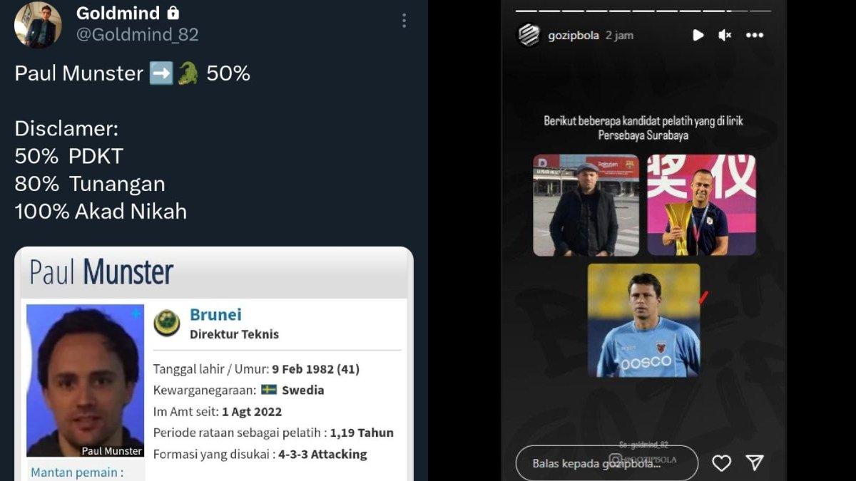 Kolase rumor diminatinya Paul Munster (kiri), serta Fabio Lefundes, Bernardo Tavares, serta Sergio Farias (kanan) sebagai pelatih baru Persebaya Surabaya di Liga 1 2023.