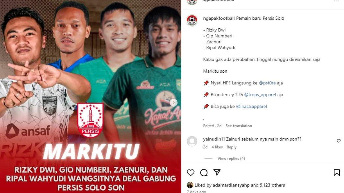 RUMOR - 4 pemain dikabarkan bakal bergabung ke Persis Solo di Liga 1 2024 mendatang, yakni Rizky Dwi Febrianto, Ripal Wahyudi, Mochammad Zaenuri, serta Giovani Numberi.
