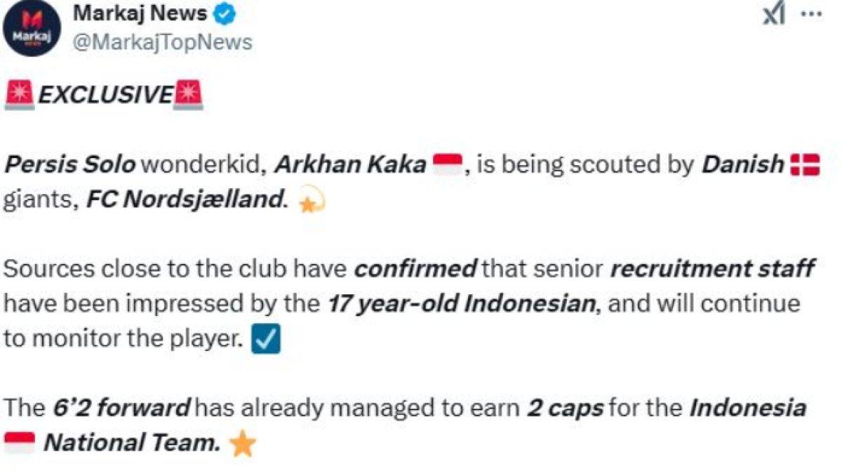 RUMOR ABROAD - Penyerang Timnas Indonesia dan Persis Solo, Arkhan Kaka dikabarkan tengah mendapat minat dari klub Liga Denmark, FC Nordsjaelland di musim 2024/2025 ini, Jumat (31/1).