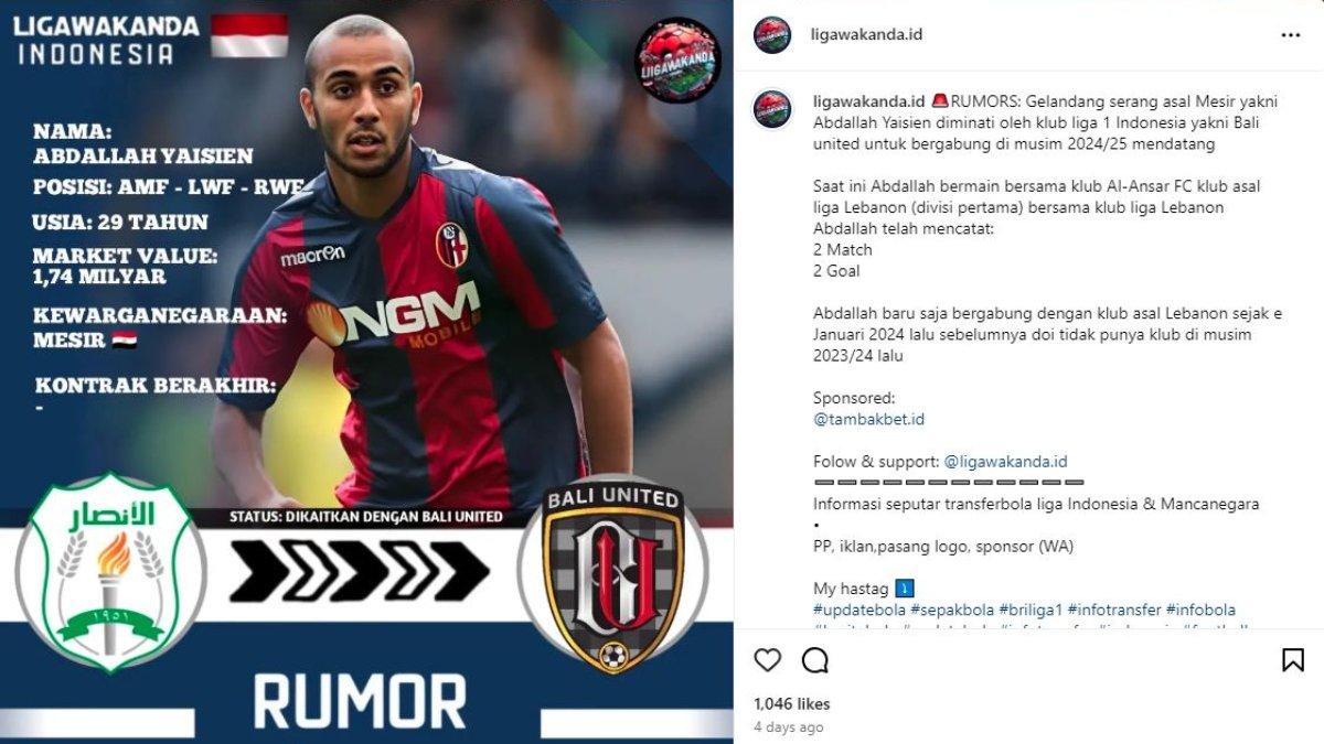 Rumor Bali United yang kabarnya menaruh minat kepada eks Paris Saint-Germain dan Bologna, Abdallah Yaisien.