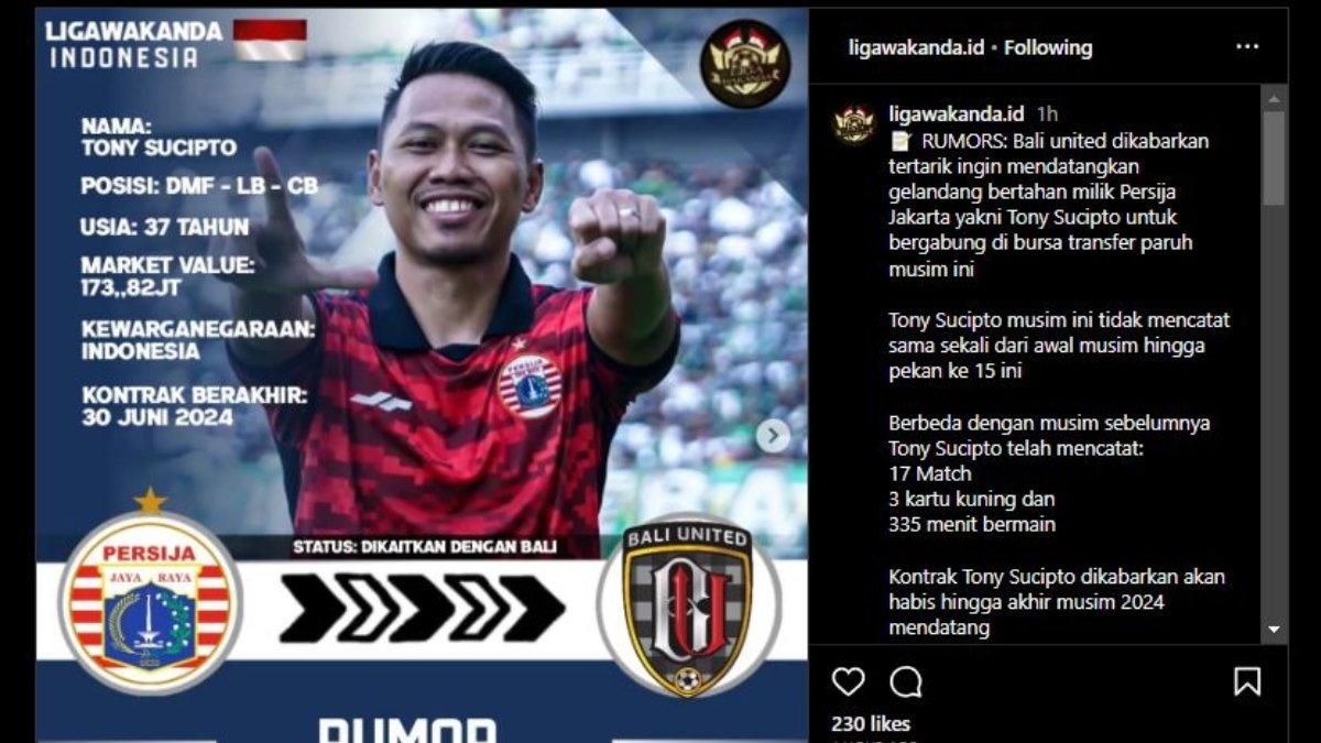 Rumor diliriknya pemain veteran Persija Jakarta, yakni Tony Sucipto oleh Bali United jelang putaran kedua Liga 1 2023.