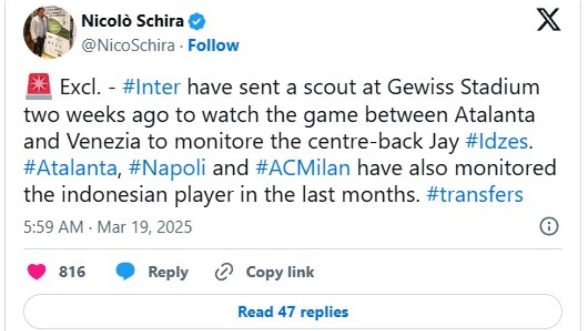 RUMOR PEMAIN TIMNAS INDONESIA - Rumor Jay Idzes diincar empat klub elite serie A, yakni Inter Milan, AC Milan, Atalanta dan Napoli.