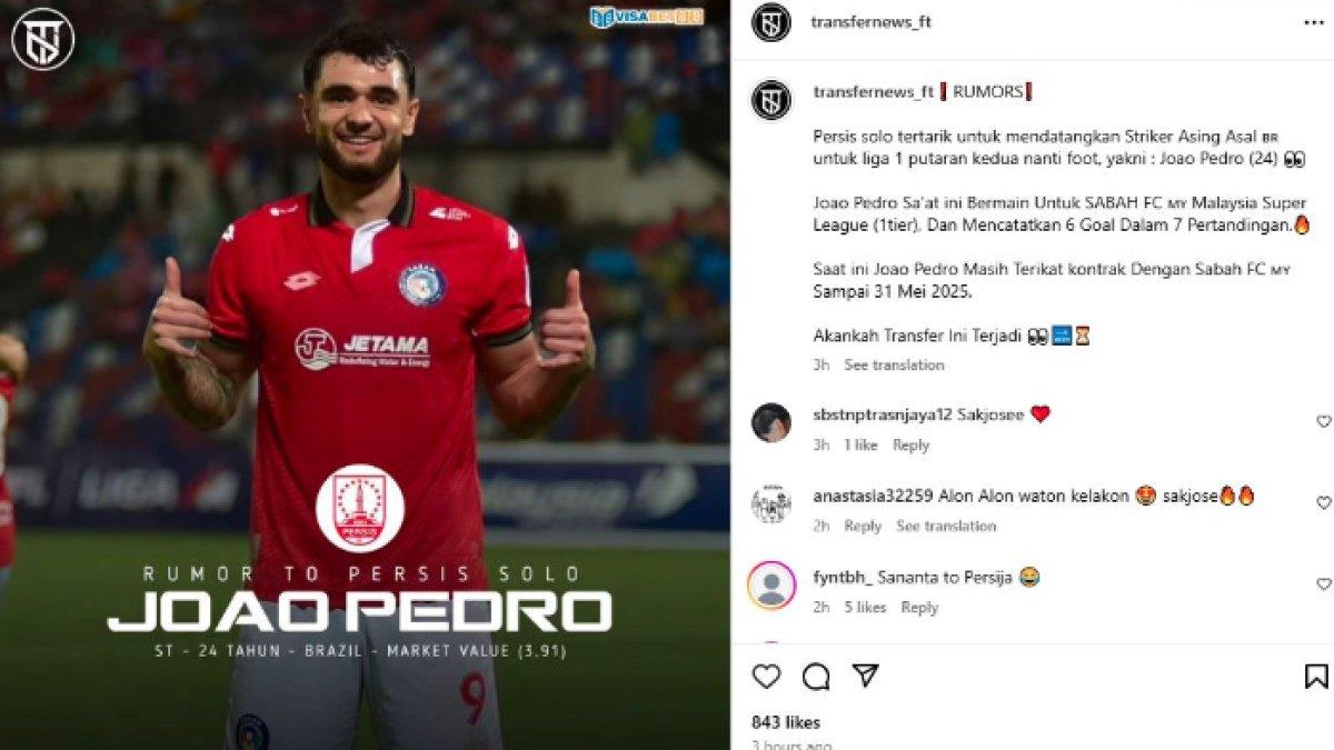 Rumor striker Sabah FC, Joao Pedro yang santer dikaitkan dengan Persis Solo jelang putaran kedua Liga 1 2024, Kamis (12/12).
