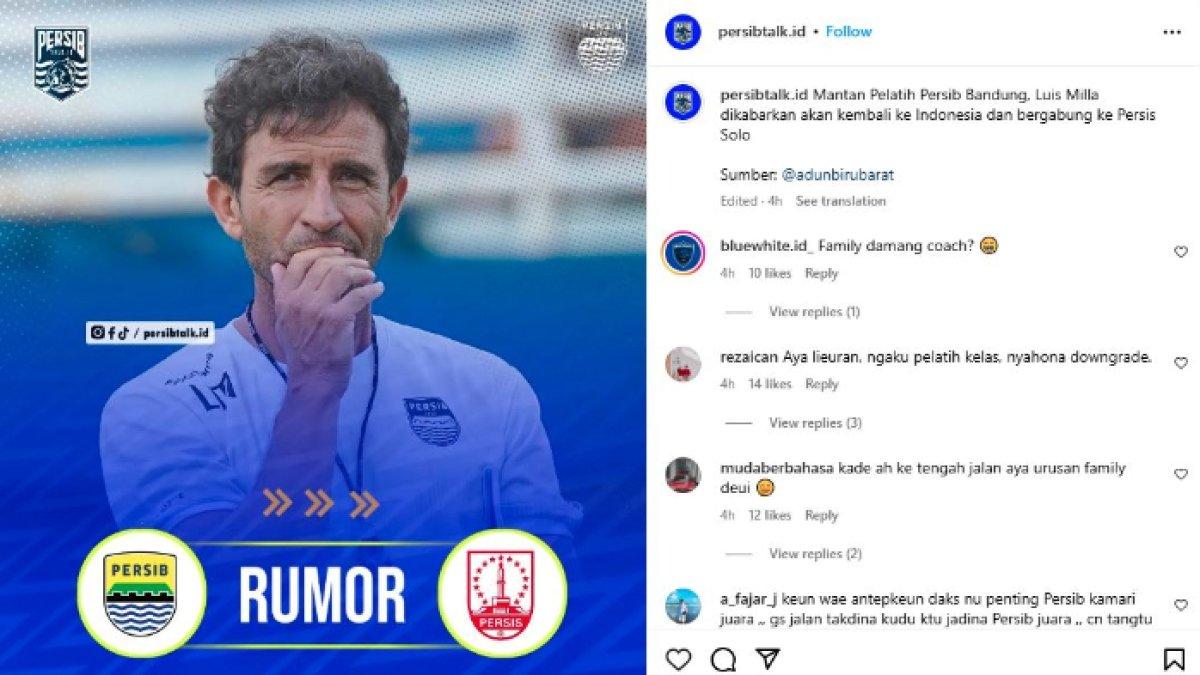 Rumor eks pelatih Persib Bandung, Luis Milla yang dikaitkan dengan Persis Solo di pertengahan Liga 1 2024. Bobotoh langsung bereaksi setelah Luis Milla dikaitkan dengan Persis Solo.