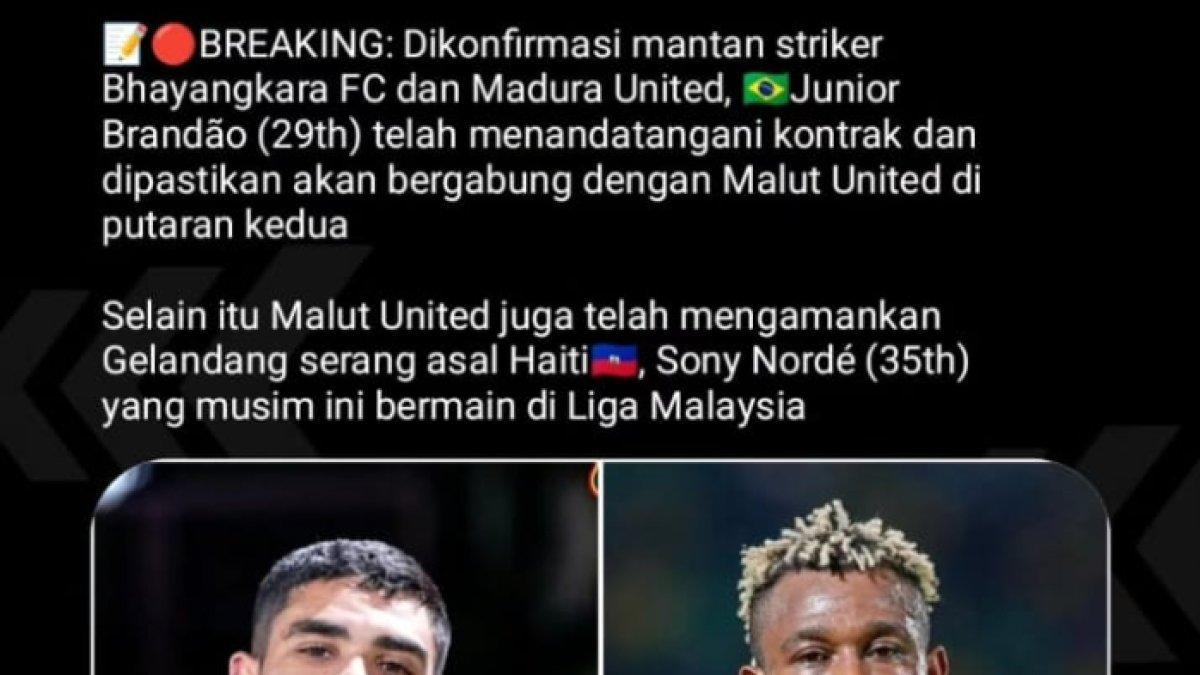 Rumor transfer Malut United yang sepakat dengan Sony Norde dan Junior Brandao untuk putaran kedua Liga 1 2024.