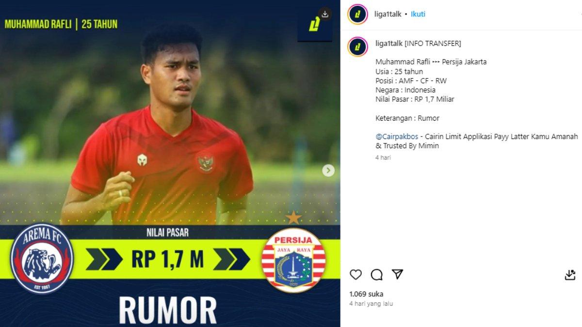 Kolase foto tangkapan layar akun Instagram @liga1talk yang berisi rumor transfer pemain Arema FC, Muhammad Rafli menuju Persija Jakarta.